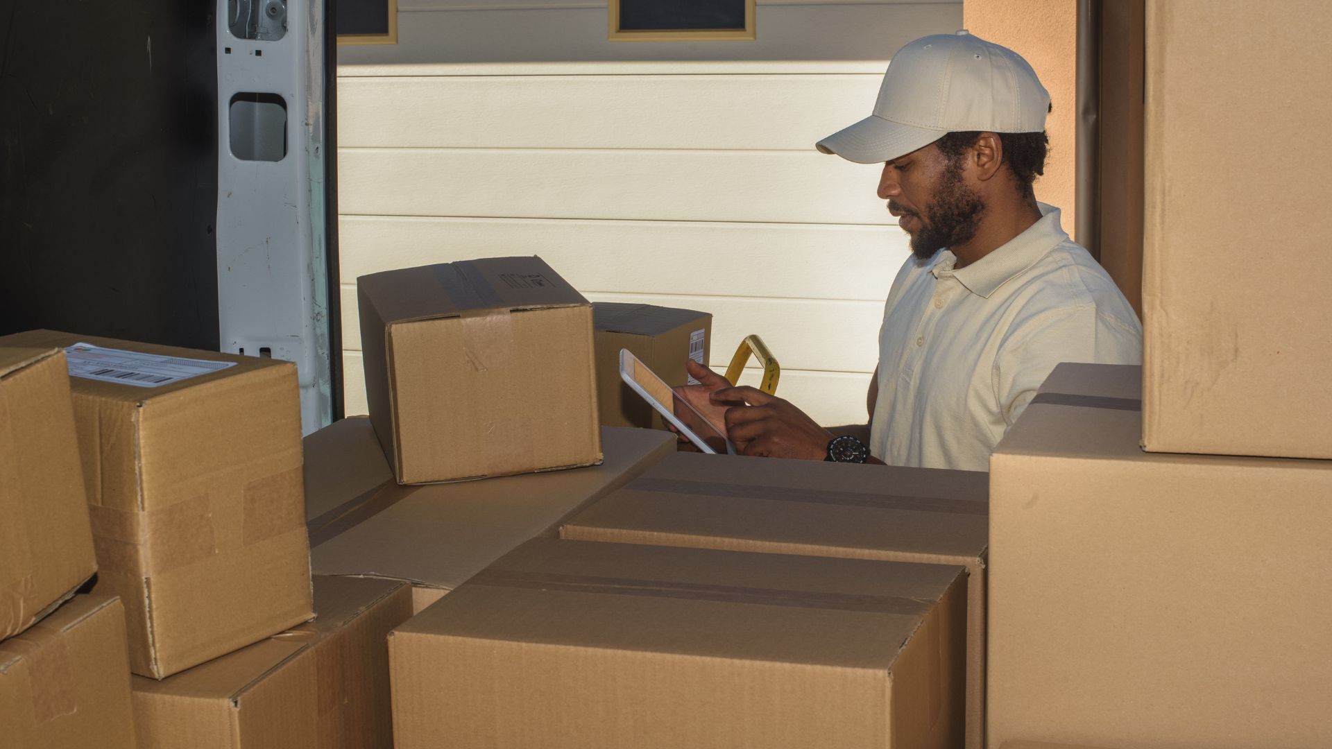 A man in a white shirt and a white hat standing in front of boxes