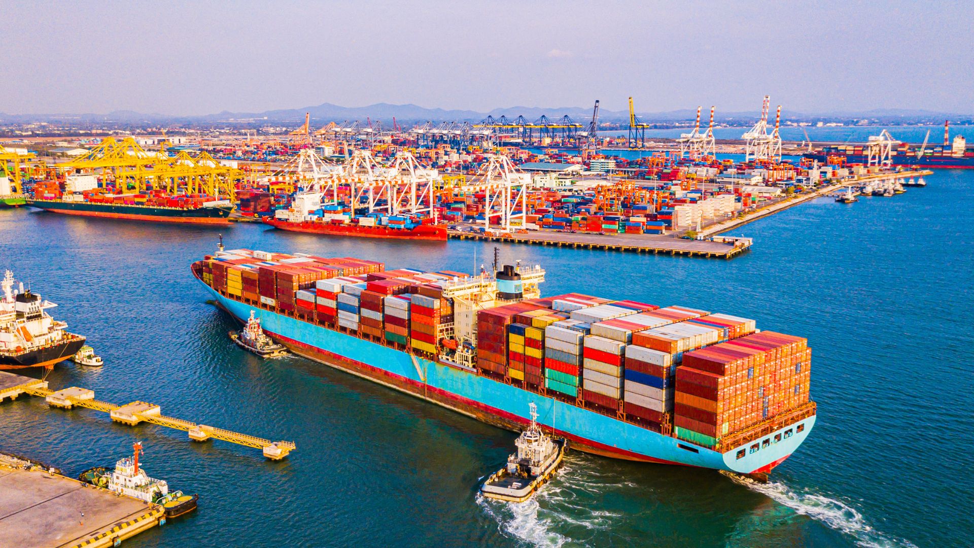 A large cargo ship in a large body of water